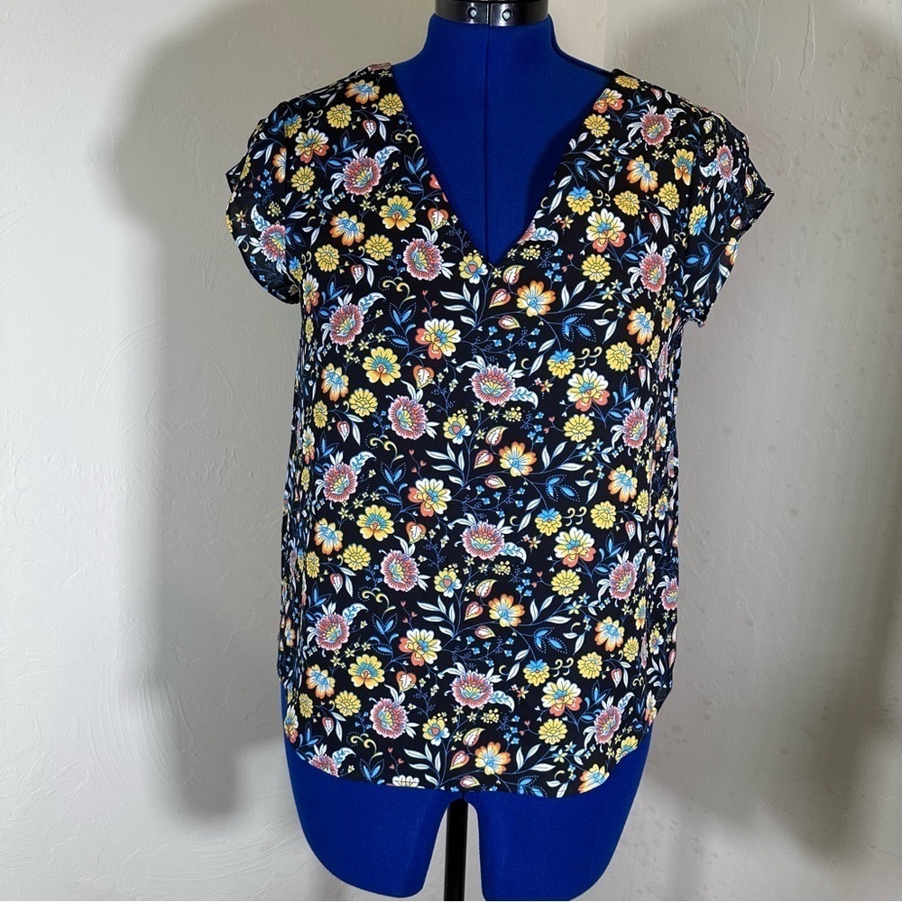 Lily White Black Floral Short Sleeve Blouse